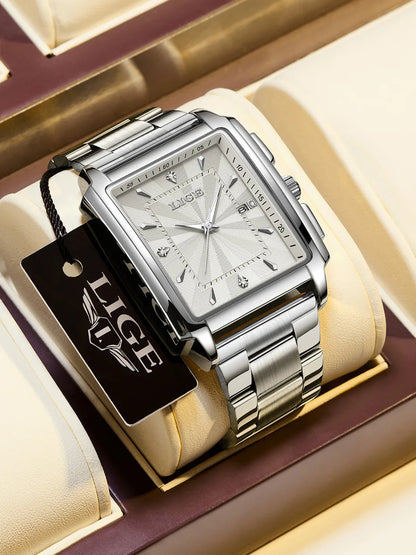 LIGE - Reloj de negocios de moda para hombre, cuadrado, deportivo, resistente al agua, marca superior, de lujo, militar, de cuarzo, cronógrafo de pulsera