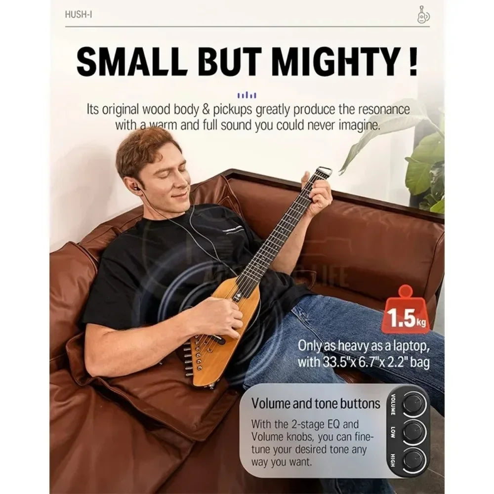 Donner HUSH-I Guitarra silenciosa inteligente de viaje, portátil, desmontable, guitarra folk de madera sin pala