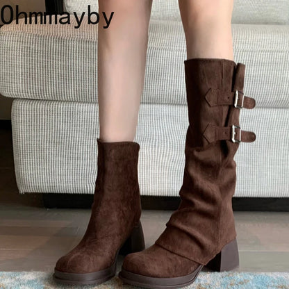 Botas vintage para mujer, con hebilla de cinturón extraíble, para otoño e invierno, con tacón grueso, elegantes y largas.
