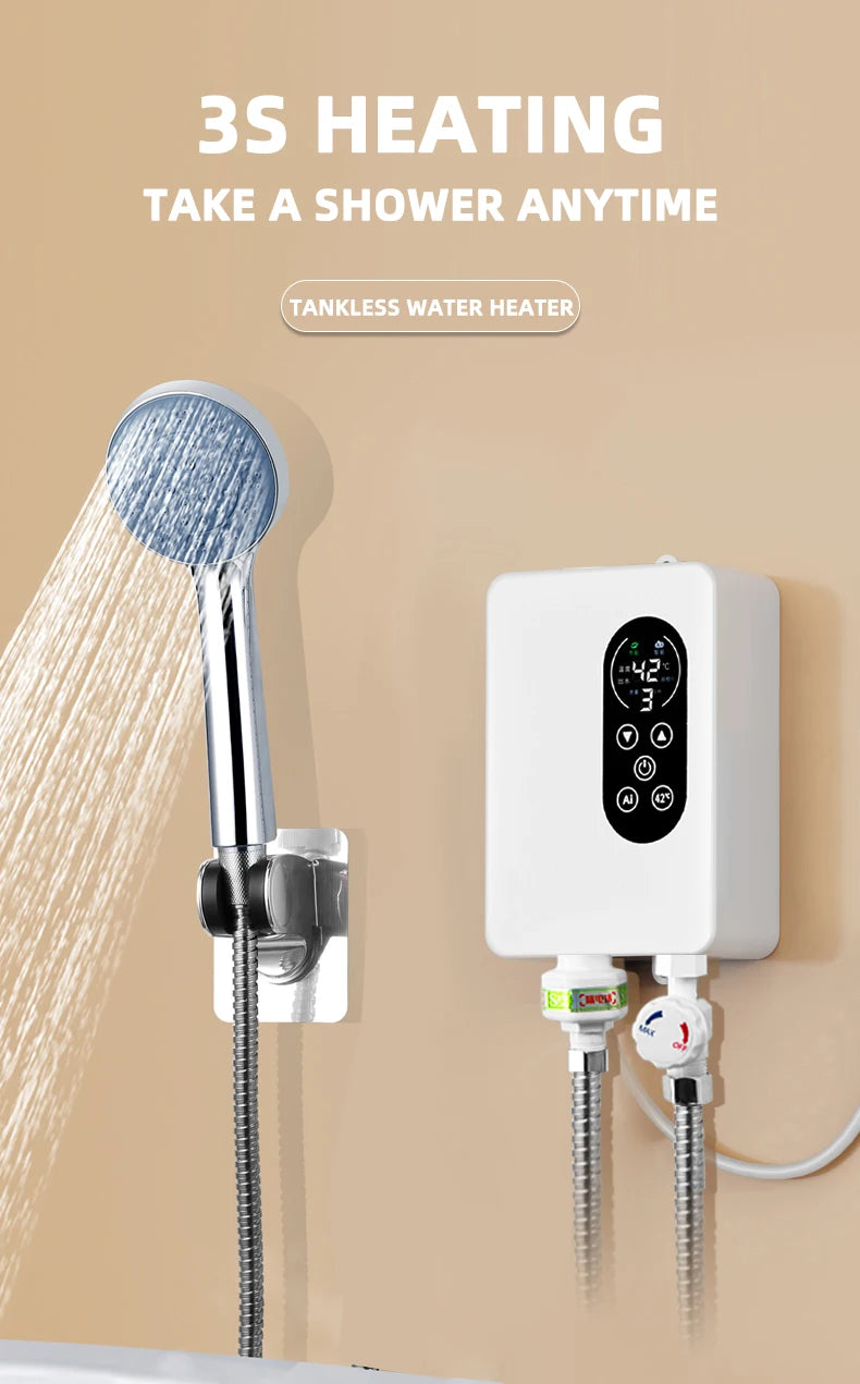 Calentador de agua instantáneo inteligente de pared con ducha eléctrica sin tanque y calentamiento rápido. Termostato para baño y cocina. 110V/220V