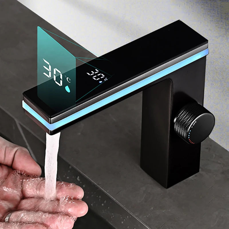 Grifo de lavabo con pantalla digital, LED inteligente, lavabo de latón para montaje en encimera, mezclador de agua fría y caliente Crane, grifo para tocador