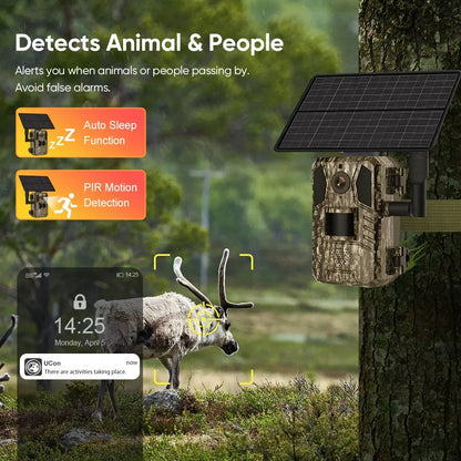 1/2 cámara de rastreo celular UCon 4G 2K con energía solar, activación por movimiento (0,2 s), visión nocturna.