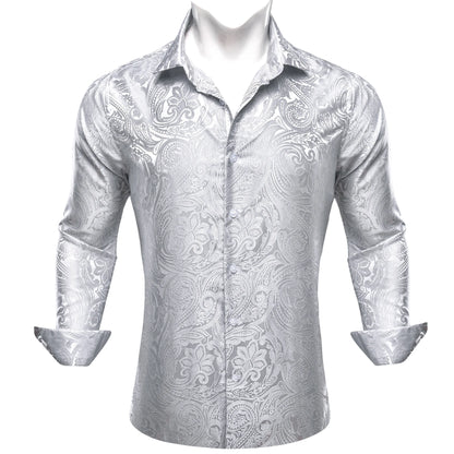 Camisas de seda de diseño para hombre en azul, dorado, verde, rojo, blanco y negro. Estampado cachemir bordado. Corte ajustado. Blusas casuales de manga larga.