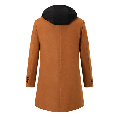 Autumn Winter Men's Wool Trench Coat Fashion Hooded Warm Long Woollen Coats Business Casual Turn Down Collar Woolen Blend Men