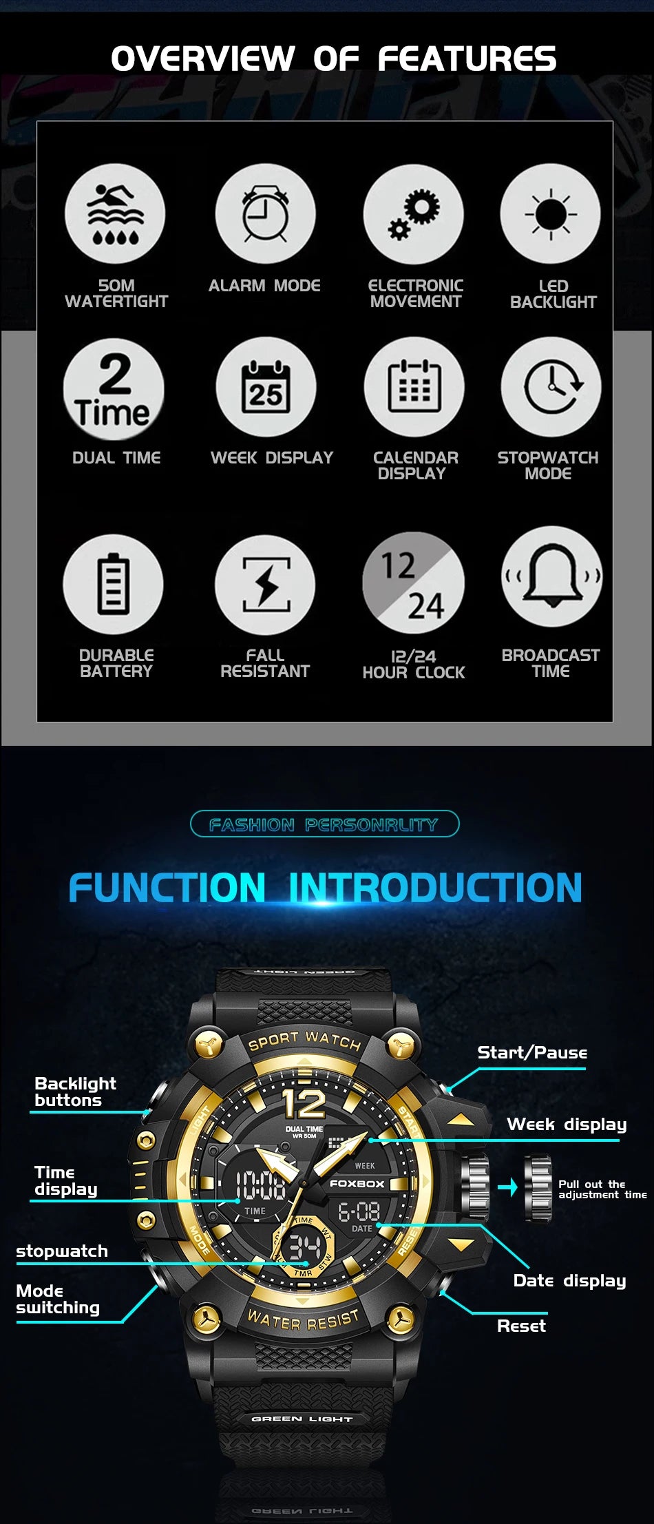 Relojes de pulsera para hombre con pantalla LED de lujo FOXBOX, deportivos, luminosos, impermeables, militares, de cuarzo, para hombre, Relogios Masculino + Caja