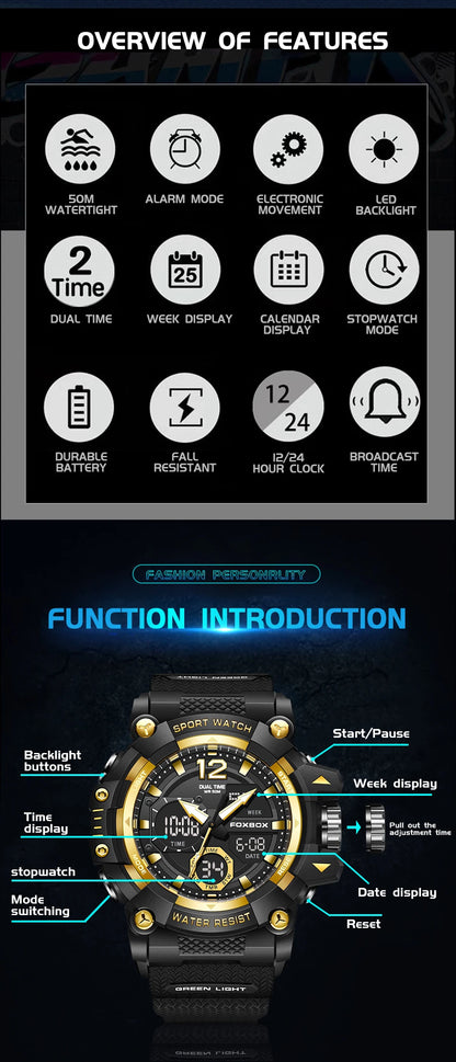 Relojes de pulsera para hombre con pantalla LED de lujo FOXBOX, deportivos, luminosos, impermeables, militares, de cuarzo, para hombre, Relogios Masculino + Caja