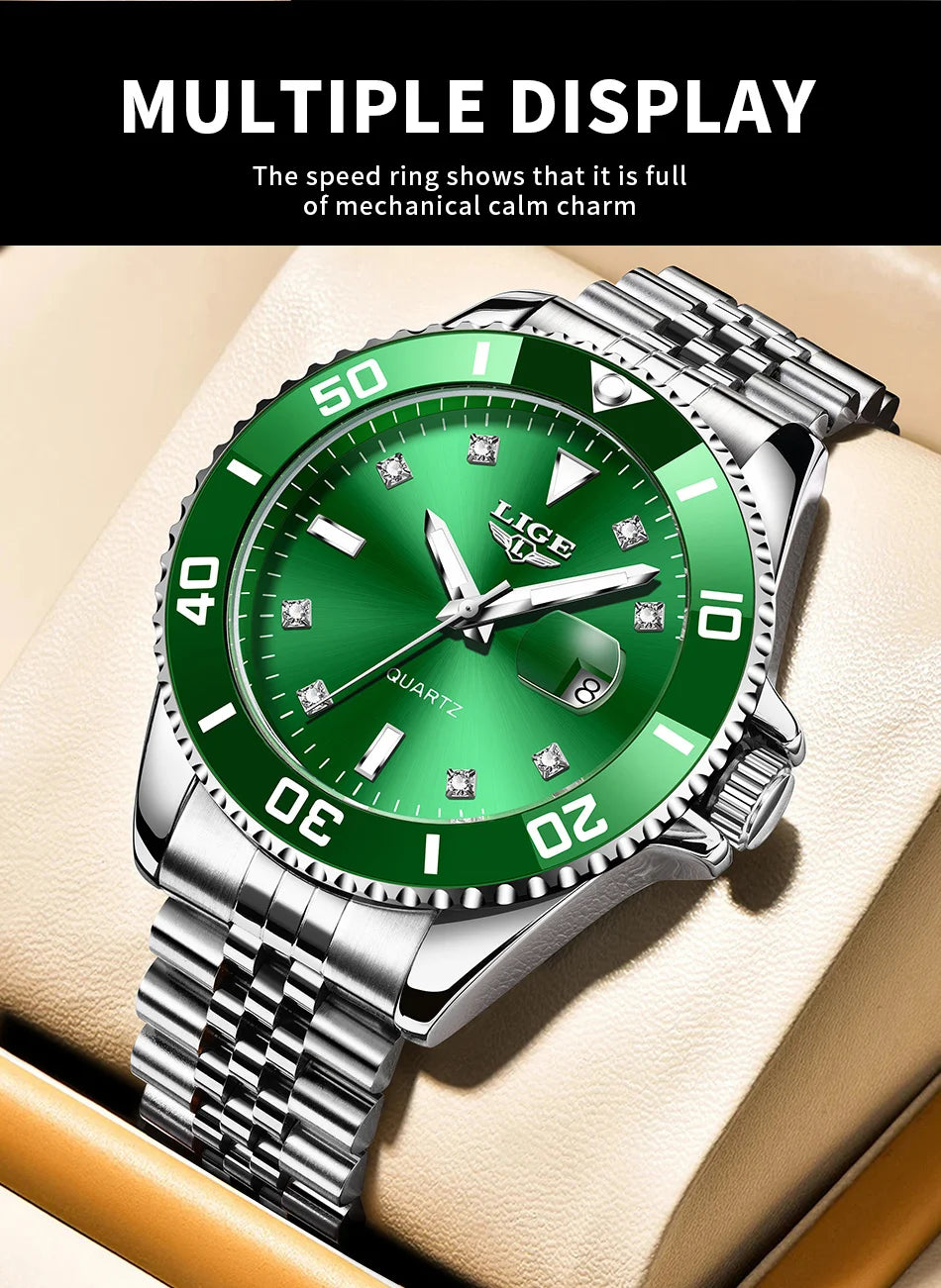 Reloj de lujo LIGE para hombre, reloj de cuarzo con esfera engastada de diamantes, resistente al agua, calendario, mariposa, doble cierre, acero inoxidable.