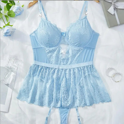 Conjunto de sujetador exótico con perspectiva de encaje sexy para mujer, conjunto transparente sexy con liguero, conjunto de lencería bondage