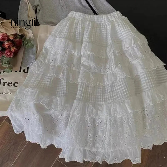 Ropa para niñas, faldas para niños, primavera, encaje, vestido de capas, falda larga informal blanca para niñas pequeñas, ropa de moda para niños de 2 a 8 años