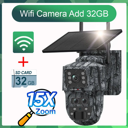 Cámara de seguridad solar inalámbrica LS VISION de 12 MP, 4G, zoom 15x, para exteriores, con doble pantalla, WiFi, detección humana PIR y sistema CCTV UBox.