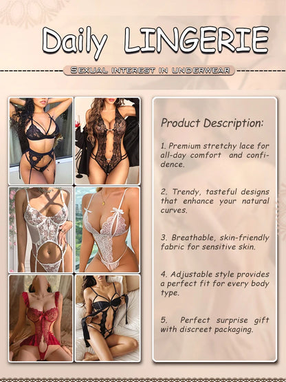 Body de encaje, lencería bordada, diseño hueco, translúcido, vestido sexy para mujer, espalda descubierta, con tirantes, sin mangas.