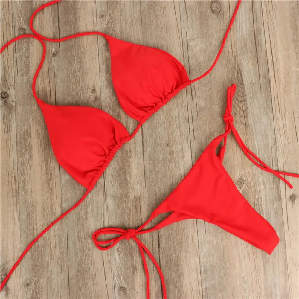 Conjunto de lencería sexy para mujer, top corto, sujetador y braguita, color liso, push up, tanga transparente