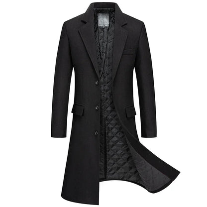 Black Men Wool Long Trench Coat Stylish Single Breasted Quilted Lined Wool Blend Pea Coats Men Winter Cashmere Coat Windbreaker