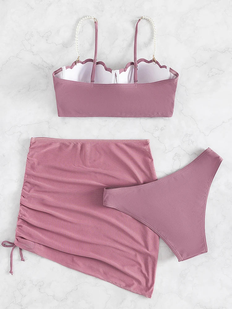 Conjunto de bikini sexy de 3 piezas para mujer, traje de baño con falda, novedad de 2023, bikini push up para mujer, ropa de playa con perlas sintéticas.