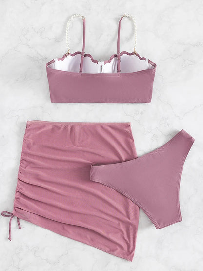 Conjunto de bikini sexy de 3 piezas para mujer, traje de baño con falda, novedad de 2023, bikini push up para mujer, ropa de playa con perlas sintéticas.