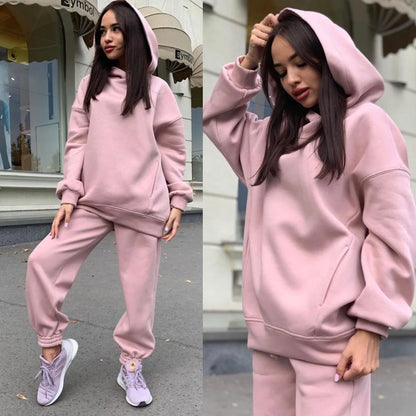 Conjuntos de dos piezas de forro polar para mujer, elegantes, de color sólido, con capucha extragrande y pantalones largos, chándal deportivo para otoño e invierno 2023.