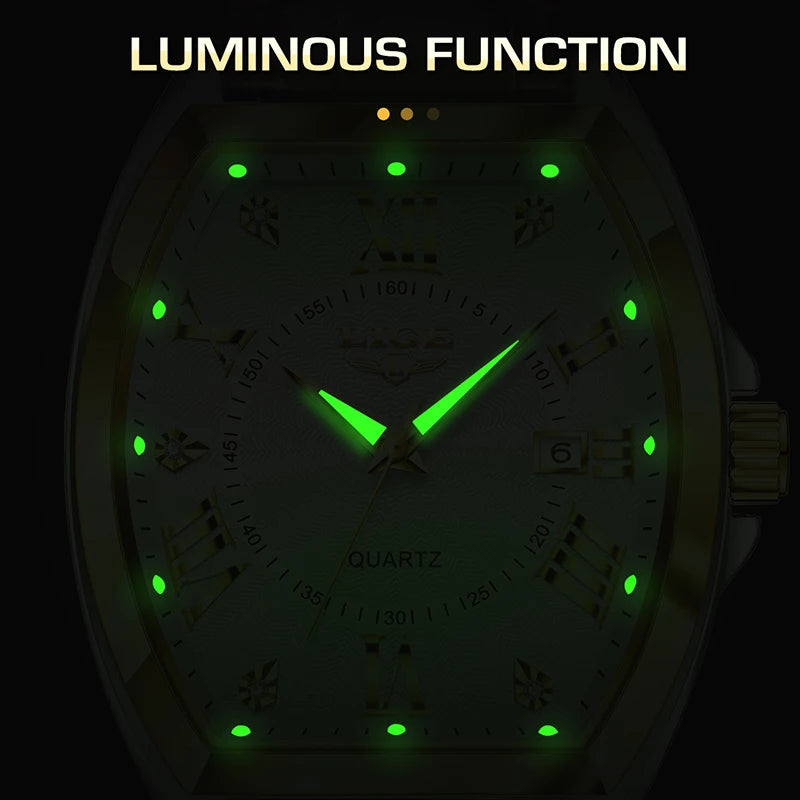 LIGE - Nuevos relojes militares para hombre, marca original de lujo, de cuero, de cuarzo, cronógrafo cuadrado resistente al agua