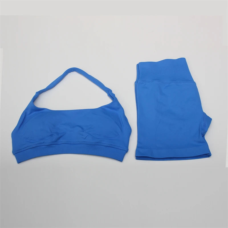 Women's Electric Blue Blossom High Stretch Top Sports Bra Shorts Set Comfortable Gym Workout Yoga Active Wear Impact Outfit