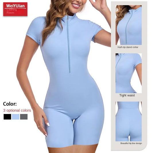 Ropa deportiva para mujer, ropa deportiva para exteriores, ropa interior moldeadora de una pieza fina de verano con cremallera, pantalones cortos y ropa de yoga.
