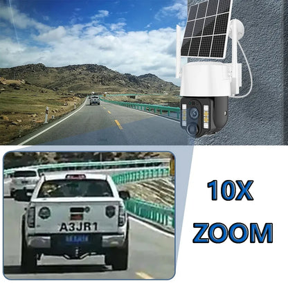 Cámara solar WiFi V380 Pro con zoom 10X, doble lente, resistente al agua, para exteriores, con protección IP, detección humana PIR y sistema de videovigilancia.