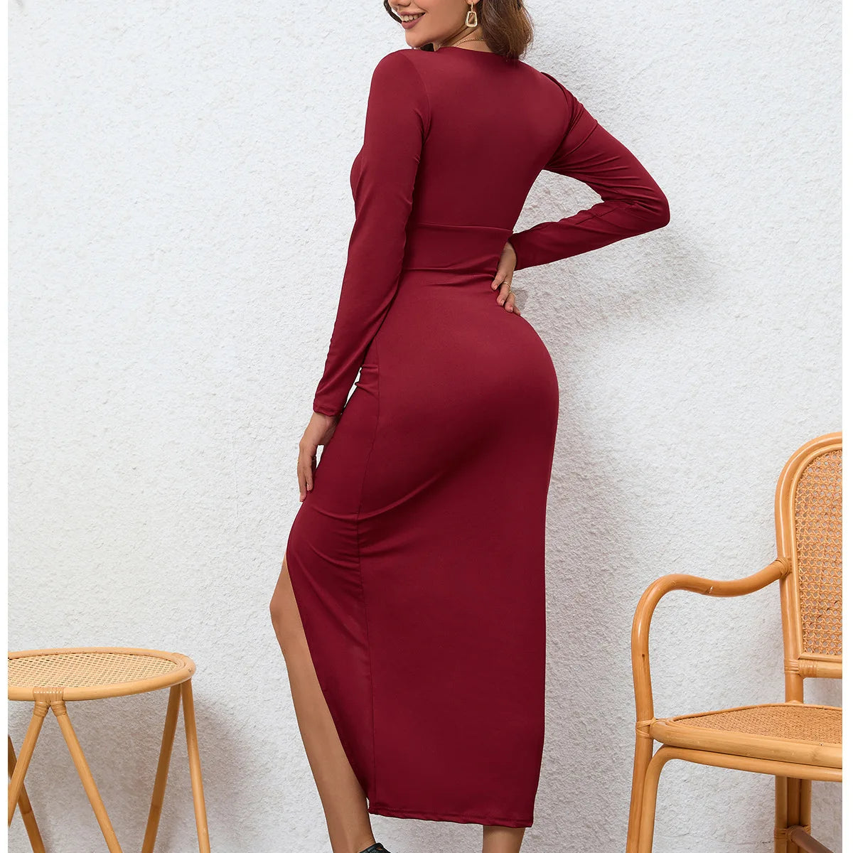 2025 Autumn Winter Female Fashion Slim Fit Long Sleeve V Neck Dress Women's Sexy Slit Knee Length Midi Dress Regular Shoulder