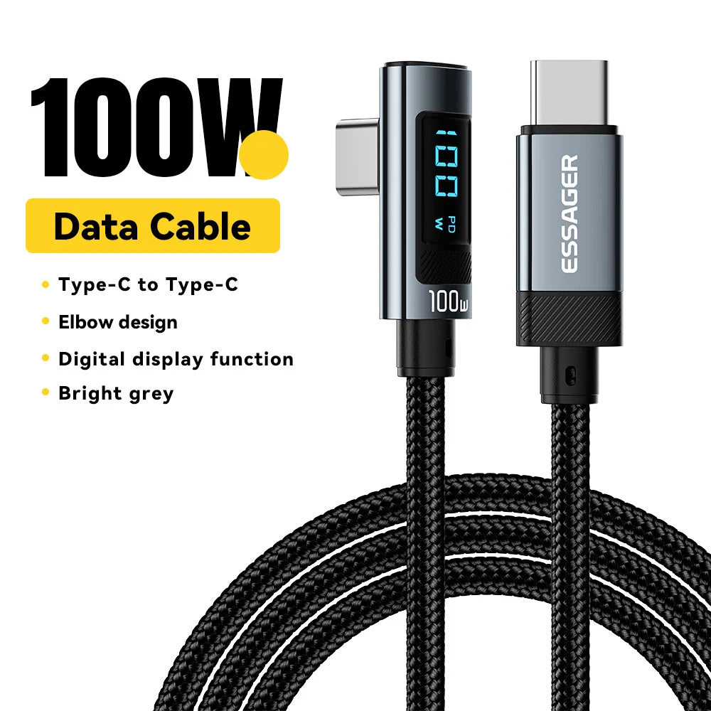 Cable USB C a tipo C Essager PD100W, cable de carga rápida con codo de 90 grados y pantalla para iPhone 15, Huawei, Samsung y MacBook Pro.
