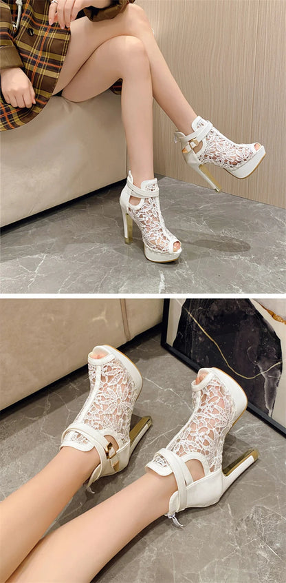 Hlieny Otoño Sexy Tela de Malla Plataforma Tacones Altos Botas Sandalias Mujer Peep Toe Club Nocturno Fiesta Stiletto Zapatos Femeninos