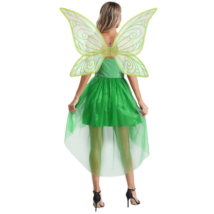 Womens Halloween Green Princess Dress Forest Tinker Costumes Bell Dress with Fairy Tale Wings for Carnival Roleplay Dress Up