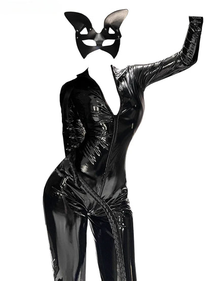Halloween Catwoman Leather Jumpsuit Nightclub Queen Role Play Bunny Girl Uniform Adult Party Stage Performance Outfit Costume