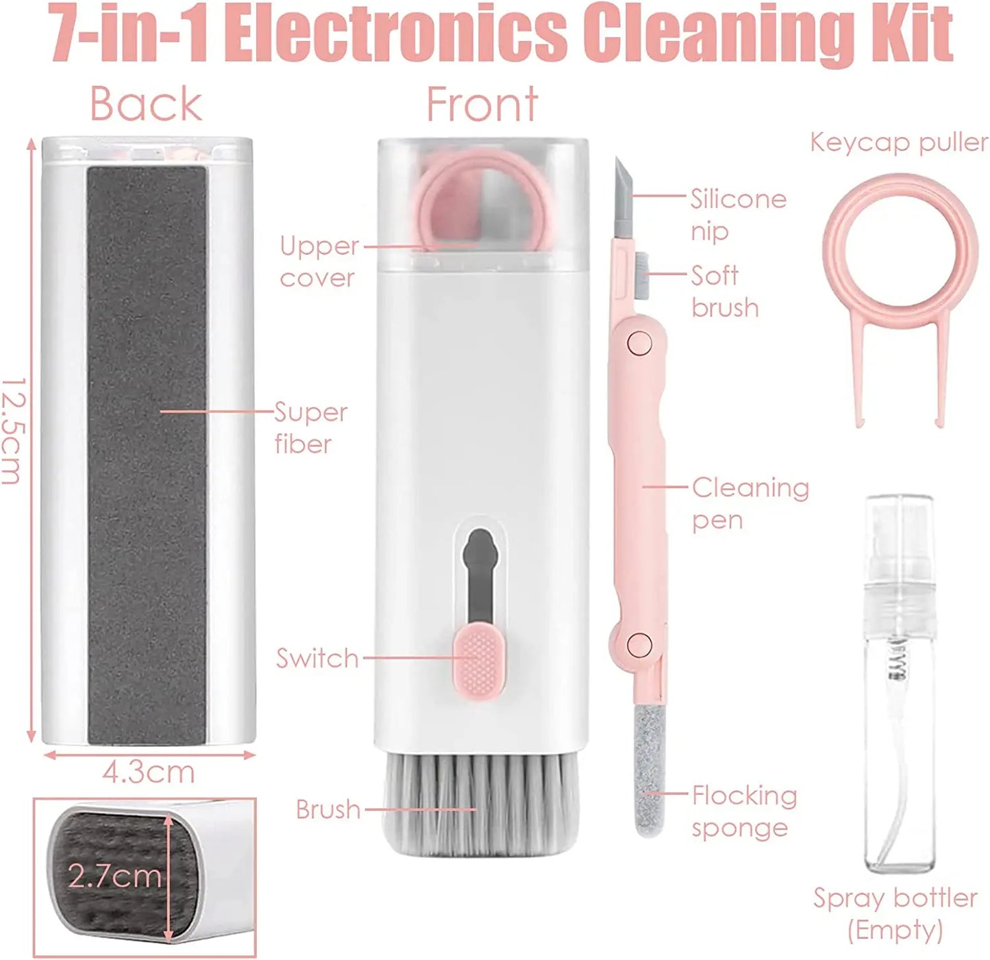 Kit de limpieza electrónica 7 en 1 para teclado de portátil, AirPods y otros dispositivos. Incluye extractor de teclas y botella para iPhone, MacBook y auriculares.