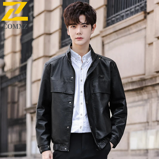 Chaqueta de piel sintética para hombre, otoño 2025, moderna, con cuello alto de forro polar, de piel sintética, resistente al viento, para motocicleta, ropa de abrigo.