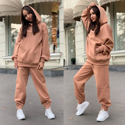 Conjuntos de dos piezas de forro polar para mujer, elegantes, de color sólido, con capucha extragrande y pantalones largos, chándal deportivo para otoño e invierno 2023.