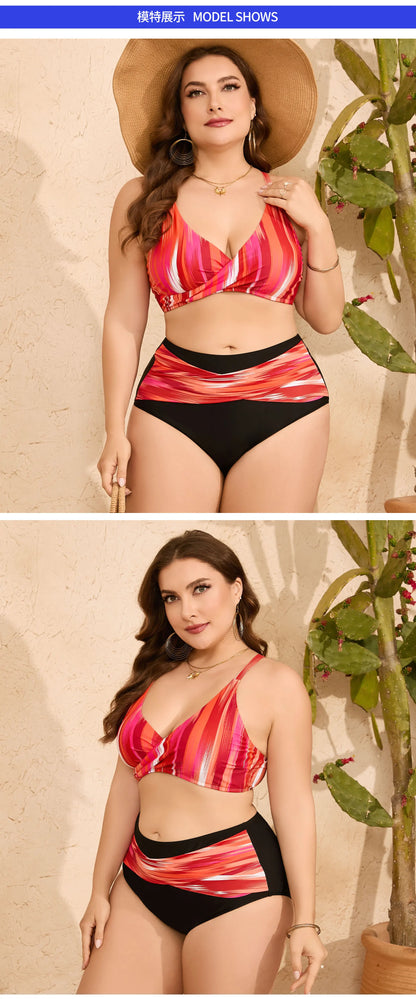 VigoJany 2025 Print Strapped 2 Piece Plus Size Bikini Set Women Cross Push UP Swimsuit High Waist Brazilian Lady Bathing Suit