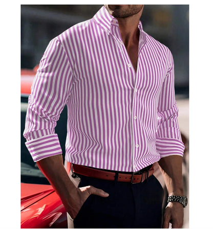 Camisa de hombre de la serie Tiki, color liso, manga larga, estilo informal elegante, ideal para primavera/verano, con botones en la solapa y confeccionada en tela cómoda.