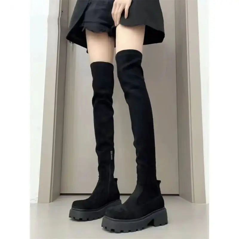 Botas hasta la rodilla para mujer, otoño invierno 2024, nuevas botas largas de talla pequeña, botas universitarias largas elásticas, botas cuadradas de tacón...