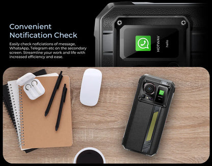 Teléfono móvil resistente HOTWAV Hyper 7 Pro 5G con cámara de 200 MP, Android 14, pantalla FHD+ de 6,6" a 120 Hz, 36 GB (16+20) de almacenamiento interno, 256 GB de almacenamiento externo, batería de 10800 mAh y carga rápida de 33 W.