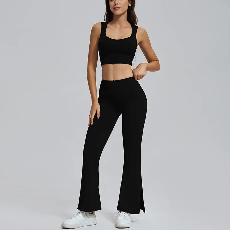 Conjuntos de yoga para mujer, sujetador deportivo con espalda hueca y amortiguación, leggings de cintura alta y acampanados, ropa de gimnasio, ropa para correr y entrenar.