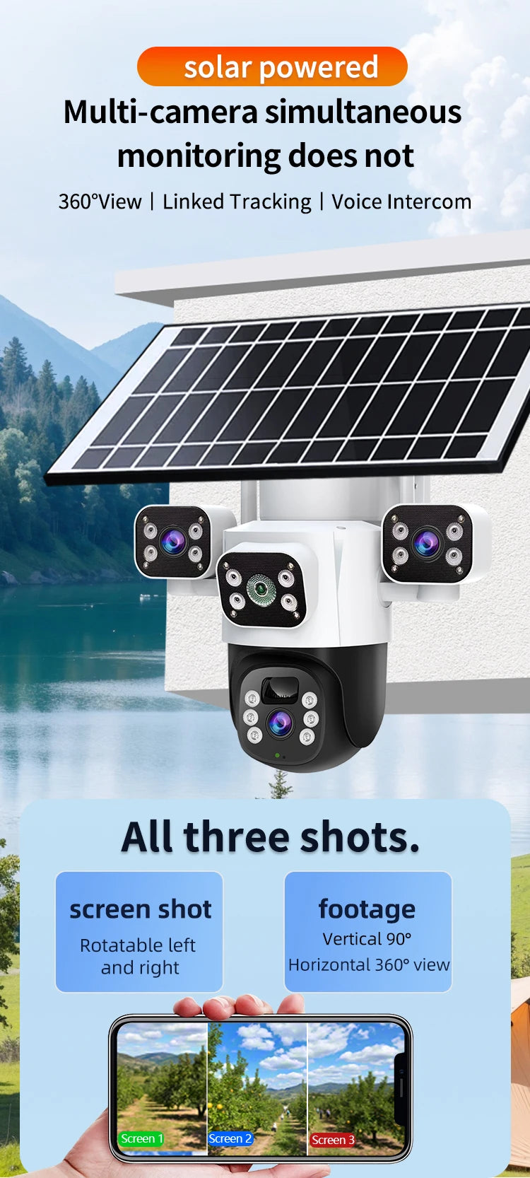 Cámara IP WiFi solar de 12 MP, CCTV con tres lentes y tres pantallas, seguimiento automático, vigilancia exterior 6K 4G, cámara PTZ, protección de seguridad