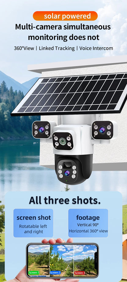 Cámara IP WiFi solar de 12 MP, CCTV con tres lentes y tres pantallas, seguimiento automático, vigilancia exterior 6K 4G, cámara PTZ, protección de seguridad