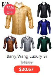 Camisas de seda de diseño para hombre en azul, dorado, verde, rojo, blanco y negro. Estampado cachemir bordado. Corte ajustado. Blusas casuales de manga larga.