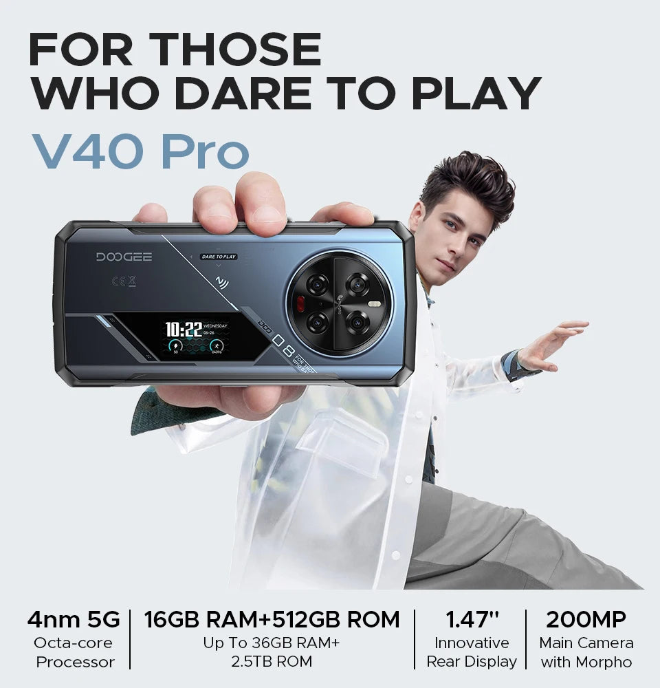Teléfono robusto DOOGEE V40 Pro 5G versión global, pantalla de 6,78", 16 GB + 512 GB, dimensiones 7300, cámara con IA de 200 MP, 8680 mAh, cargador rápido de 33 W.