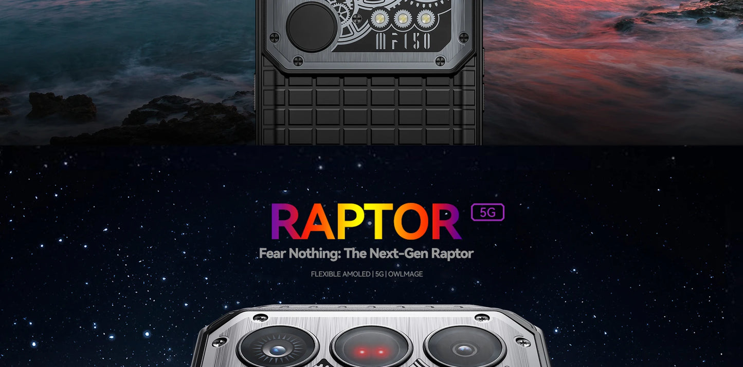 Smartphone resistente IIIF150 Raptor 5G con Android 14, pantalla AMOLED de 6,78" y 120 Hz, 16 GB de RAM + 512 GB de almacenamiento, cámara de 50 MP, batería de 10000 mAh y 65 W.
