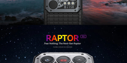 Smartphone resistente IIIF150 Raptor 5G con Android 14, pantalla AMOLED de 6,78" y 120 Hz, 16 GB de RAM + 512 GB de almacenamiento, cámara de 50 MP, batería de 10000 mAh y 65 W.