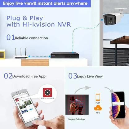 Cámara panorámica de doble luz de 4 MP y 8 MP con PoE, micrófono y altavoz integrados, detección humana, visión nocturna a color y sistema de vigilancia compatible con Hikvision.