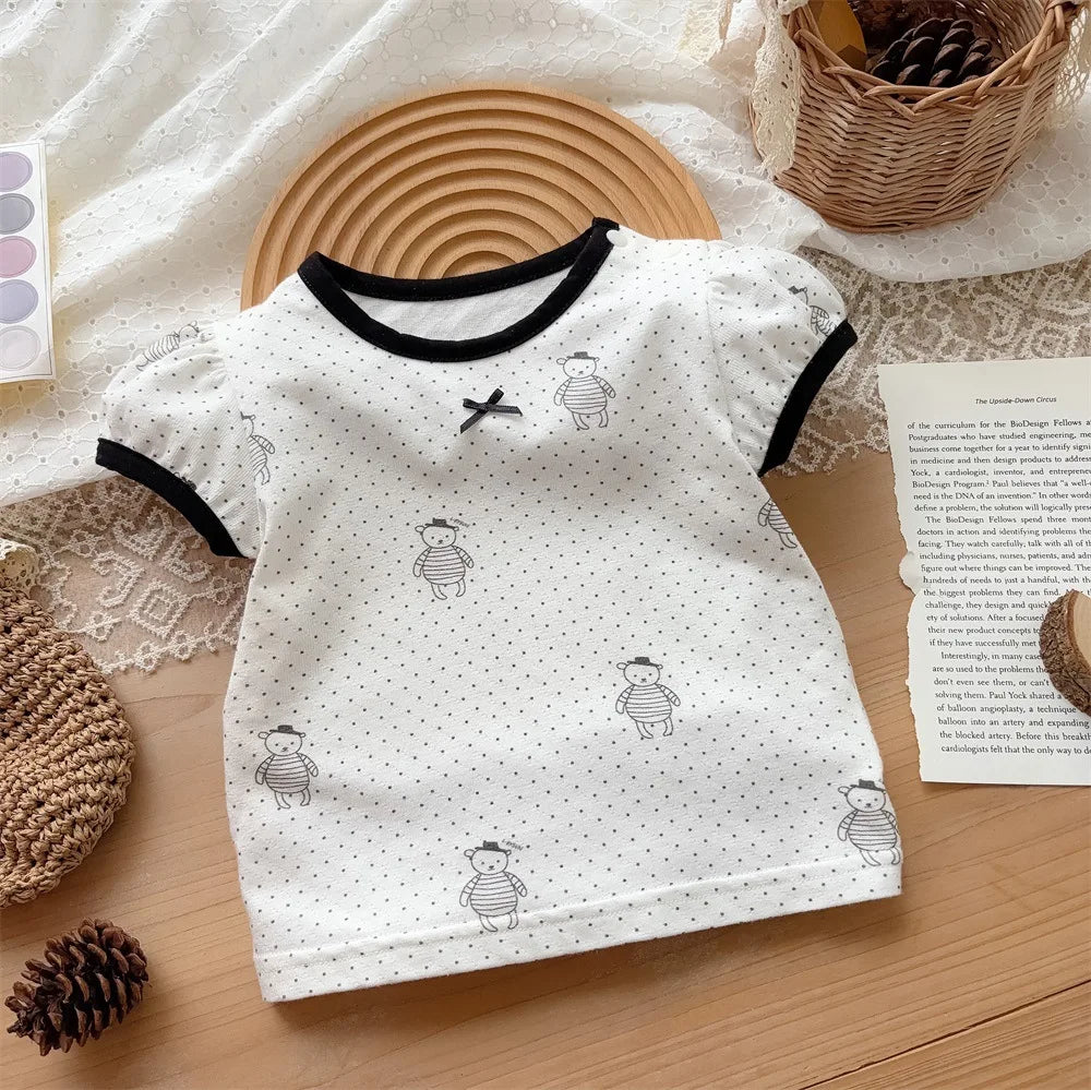 Ropa de bebé 2025, verano, para niñas de 1 a 3 años, conjunto informal de manga corta con dibujos animados para exteriores, conjunto fino de dos piezas