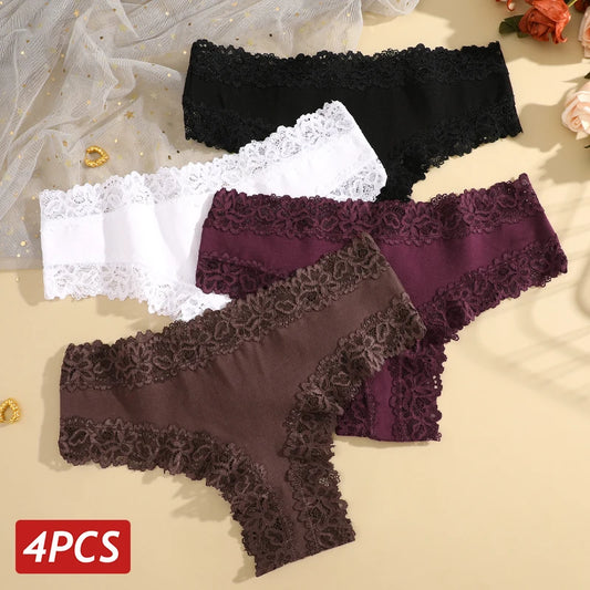Conjunto de 4 bragas de algodón para mujer, lencería sexy brasileña sin costuras con encaje floral, de tiro bajo, transpirables