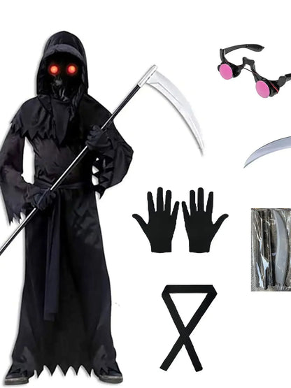 Child Horror Red Eye Grim Reaper Costume Scythe Devil Darkseid Ghost Cosplay Suit Halloween Hooded Party Dress Gloves