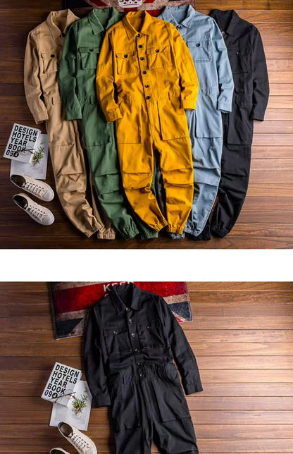 Spring Overalls Men's Jumpsuit Loose Long Sleeve Cotton Cargo Pants Black Yellow Workwear Trousers Working Uniform Rompers