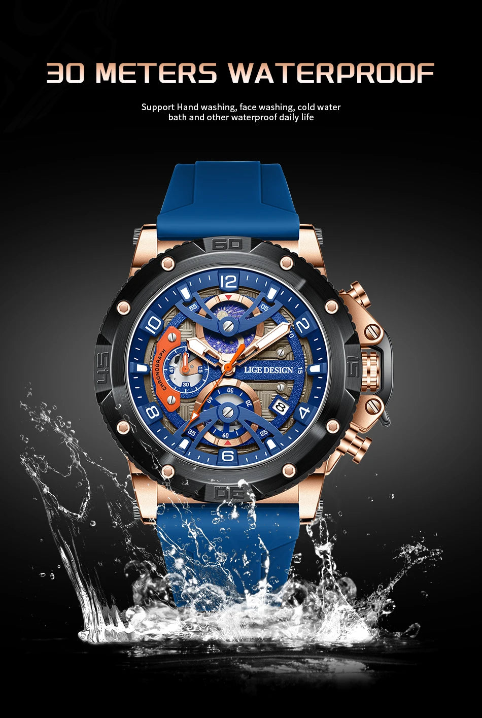 Reloj deportivo LIGE para hombre, de primera marca, de silicona, de lujo, con cronógrafo, esfera pequeña, función de cuarzo, resistente al agua, luminoso.