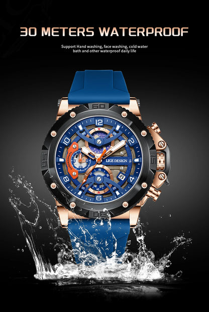Reloj deportivo LIGE para hombre, de primera marca, de silicona, de lujo, con cronógrafo, esfera pequeña, función de cuarzo, resistente al agua, luminoso.